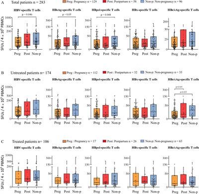 Comparison of HBV-specific T cell reactivity across the pregnant, postpartum and non-pregnant women with chronic HBV infection